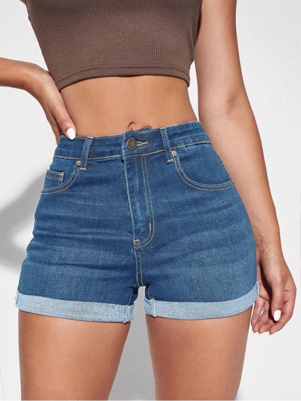 High-Waist Blue Denim Roll-Cuff Women's Shorts